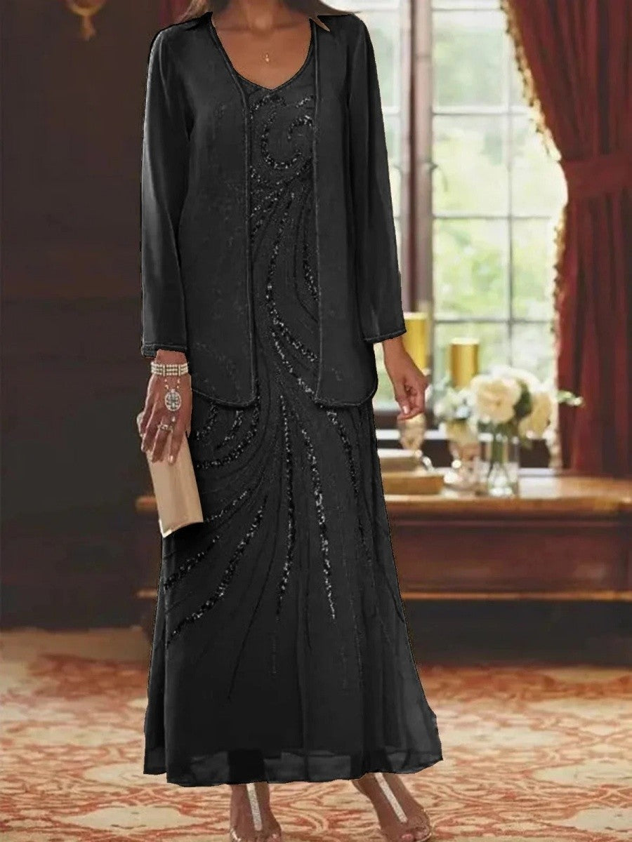 Women's sheath dress – Luxurious embellished fabric – Ankle length – V-neck – Matching jacket