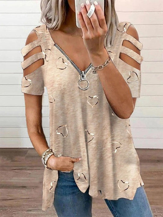 Women's blouse – Loose fit – Zipped neckline – Openwork sleeves – Heart motif
