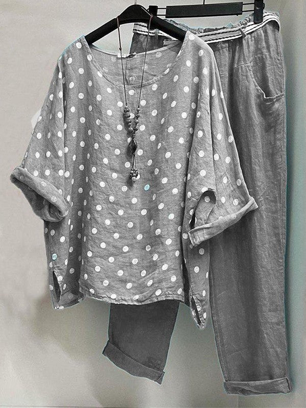 Women's two-piece set – Breathable fabric – Loose fit – Polka dot top – Long pants with elastic waist