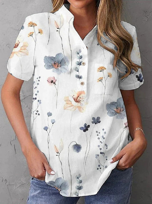 Women's blouse – Floral print – V-neckline – Short sleeves – Flowy fit