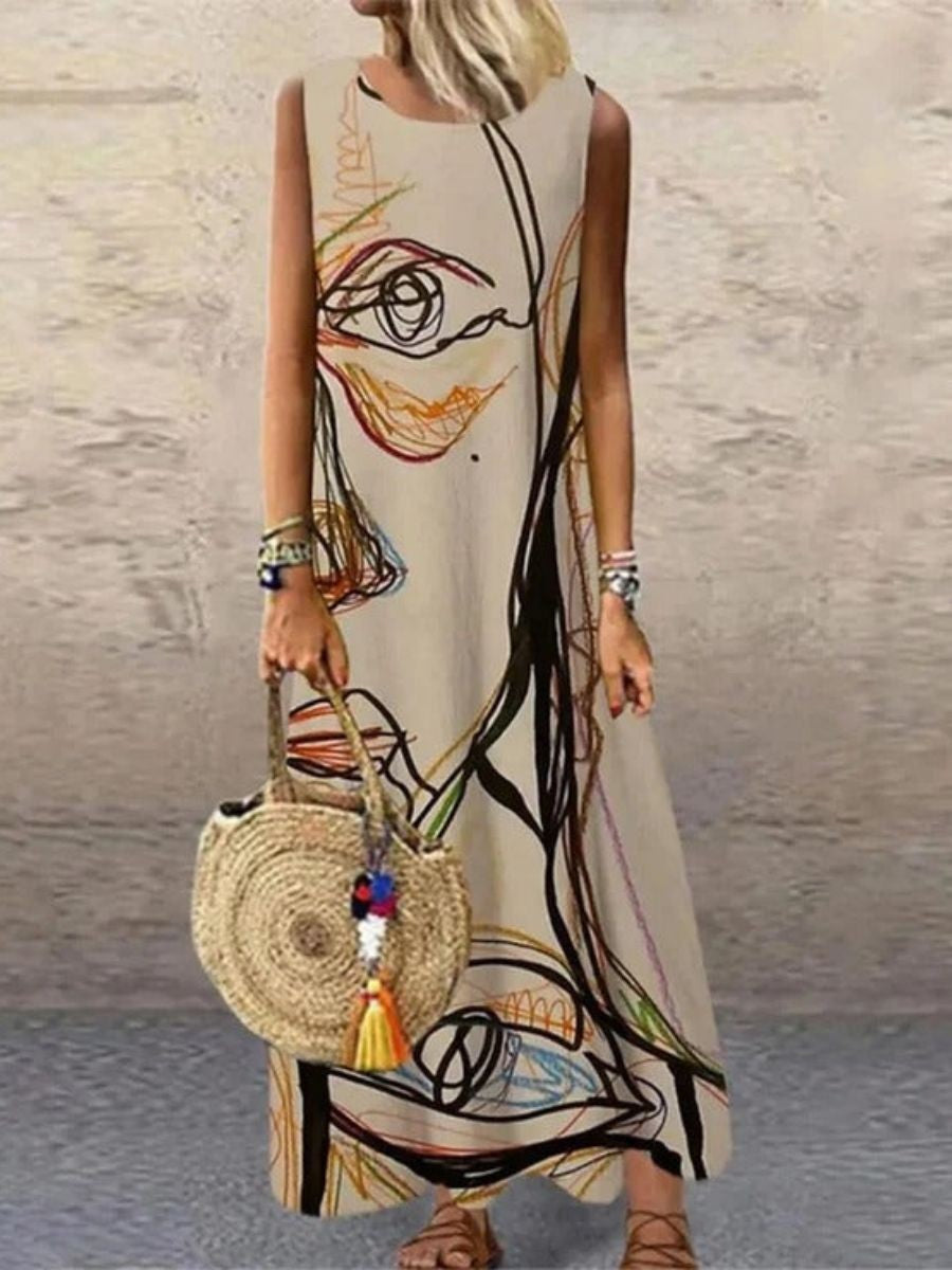 Women's long sleeveless dress – Relaxed fit – Abstract pattern – Natural fibers