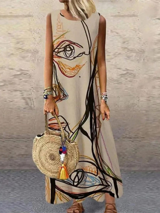 Women's long sleeveless dress – Relaxed fit – Abstract pattern – Natural fibers