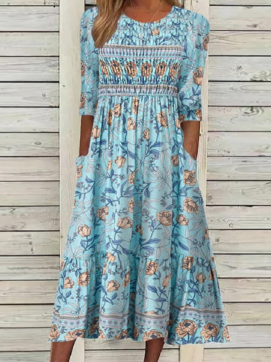 Women's midi dress – Floral print – Puff sleeves – Breathable fabric – Pockets