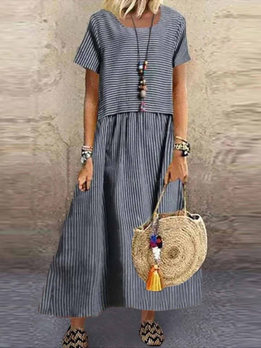 Women's long dress – Loose fit – Striped pattern – Mid-length sleeves – Breathable fabric