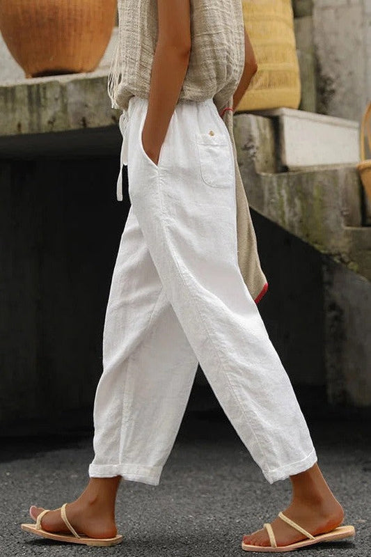 Women's casual pants – Loose fit – Natural fibers – Adjustable waist – Long