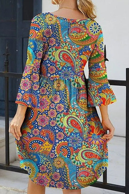 Women's mini dress – Relaxed fit – Paisley print – 3/4 sleeves – Breathable fabric
