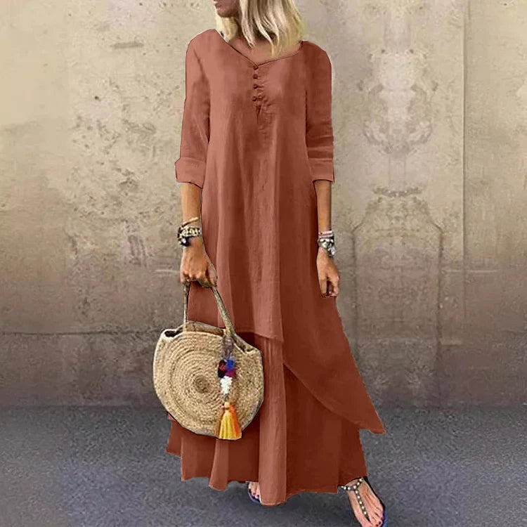 Women's Midi Dress – Loose Fit – Natural Fibers – 3/4 Sleeves – Asymmetrical Skirt