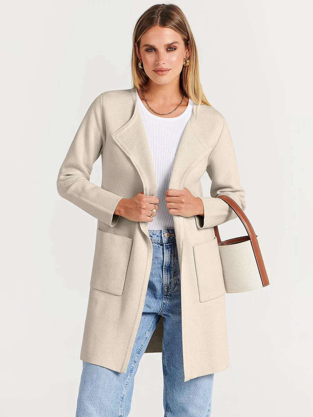 Manteau femme mi-long – Laine mélangée – Coupe droite – Col large – Style épuré