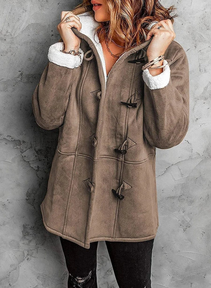 Veste polaire femme – Coupe décontractée – Capuche – Boutons brandebourg – Longueur mi-cuisse