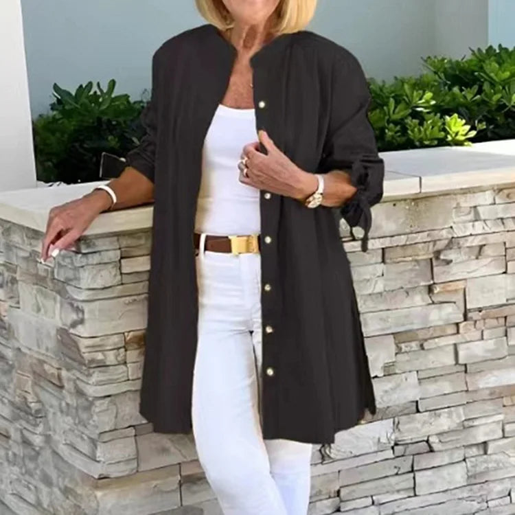 Women's long shirt – Relaxed fit – Full button front – Side slits – Breathable fabric