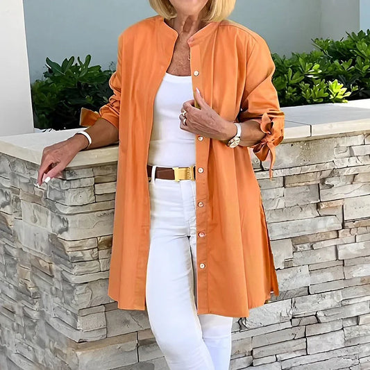 Women's long shirt – Relaxed fit – Full button front – Side slits – Breathable fabric