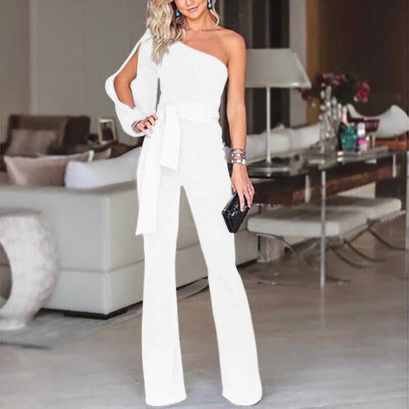 Women's Jumpsuit – One-shoulder – Slim Fit – Belted Waist – Flared Leg