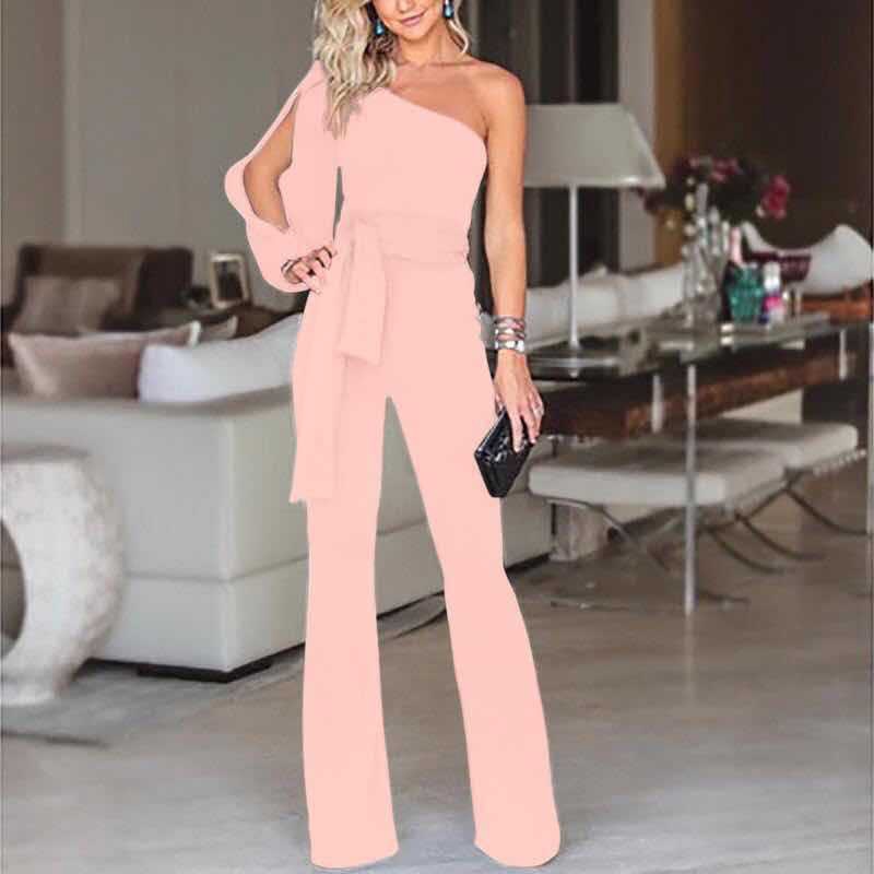 Women's Jumpsuit – One-shoulder – Slim Fit – Belted Waist – Flared Leg