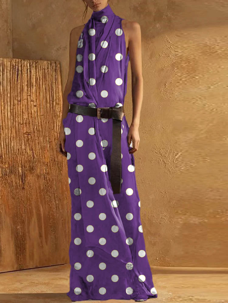 Robe maxi femme – Col montant – Sans manches – Ceinture intégrée