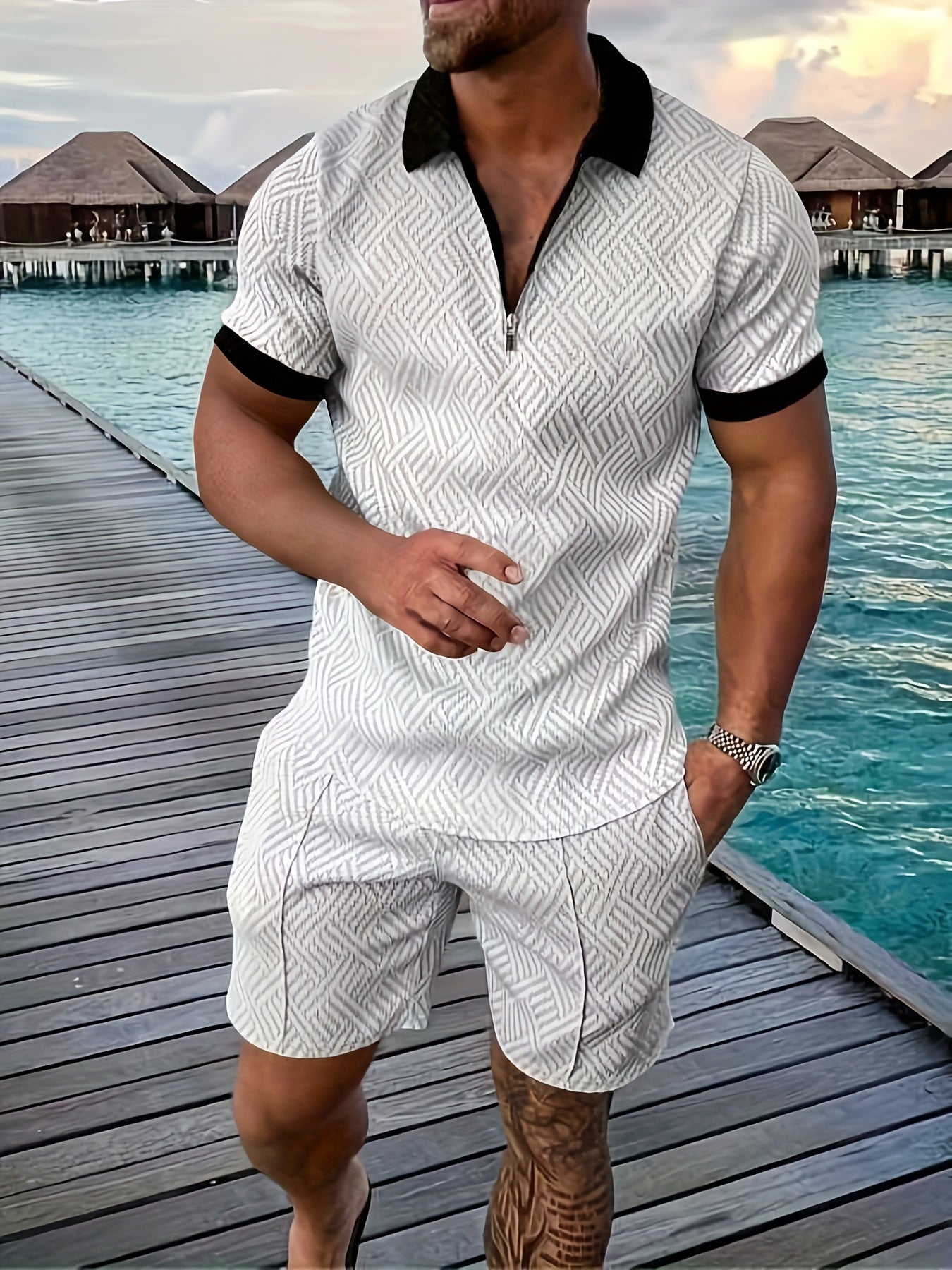 Men's short set – Relaxed fit – Zipper closure – Geometric pattern – Breathable fabric