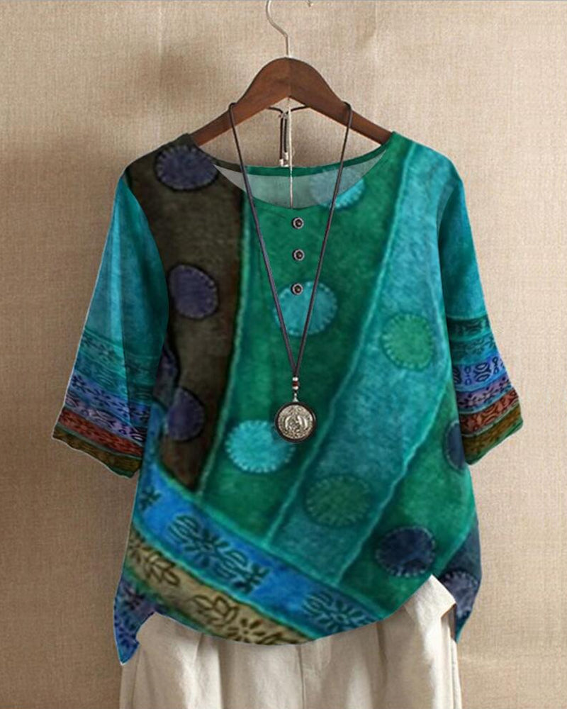 Blouse Femme Bohème – Coupe Ample – Fibres Naturelles – Manches 3/4 – Boutonnée