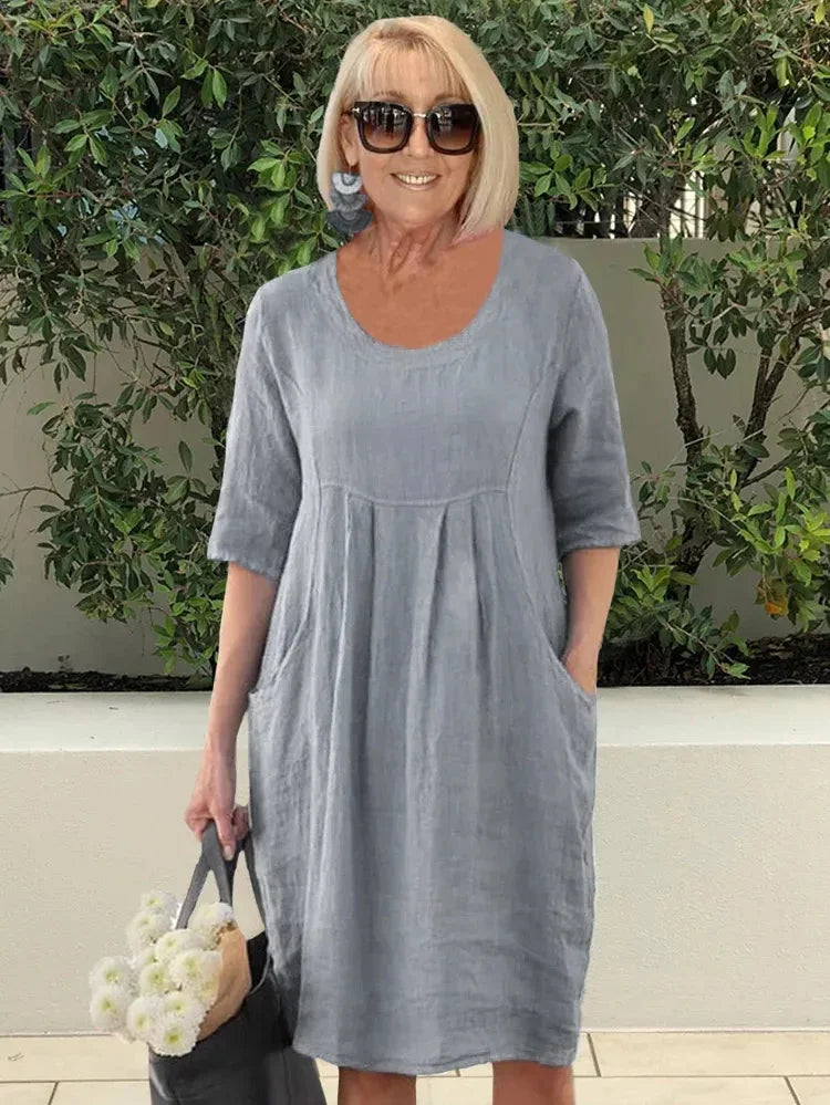 Women's midi dress – Loose fit – Natural fibers – Elbow sleeves – Round neck – Pockets