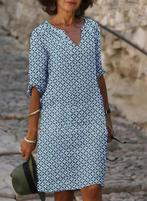 Women's Dress – Loose Fit – V-Neck – 3/4 Sleeves – Geometric Pattern