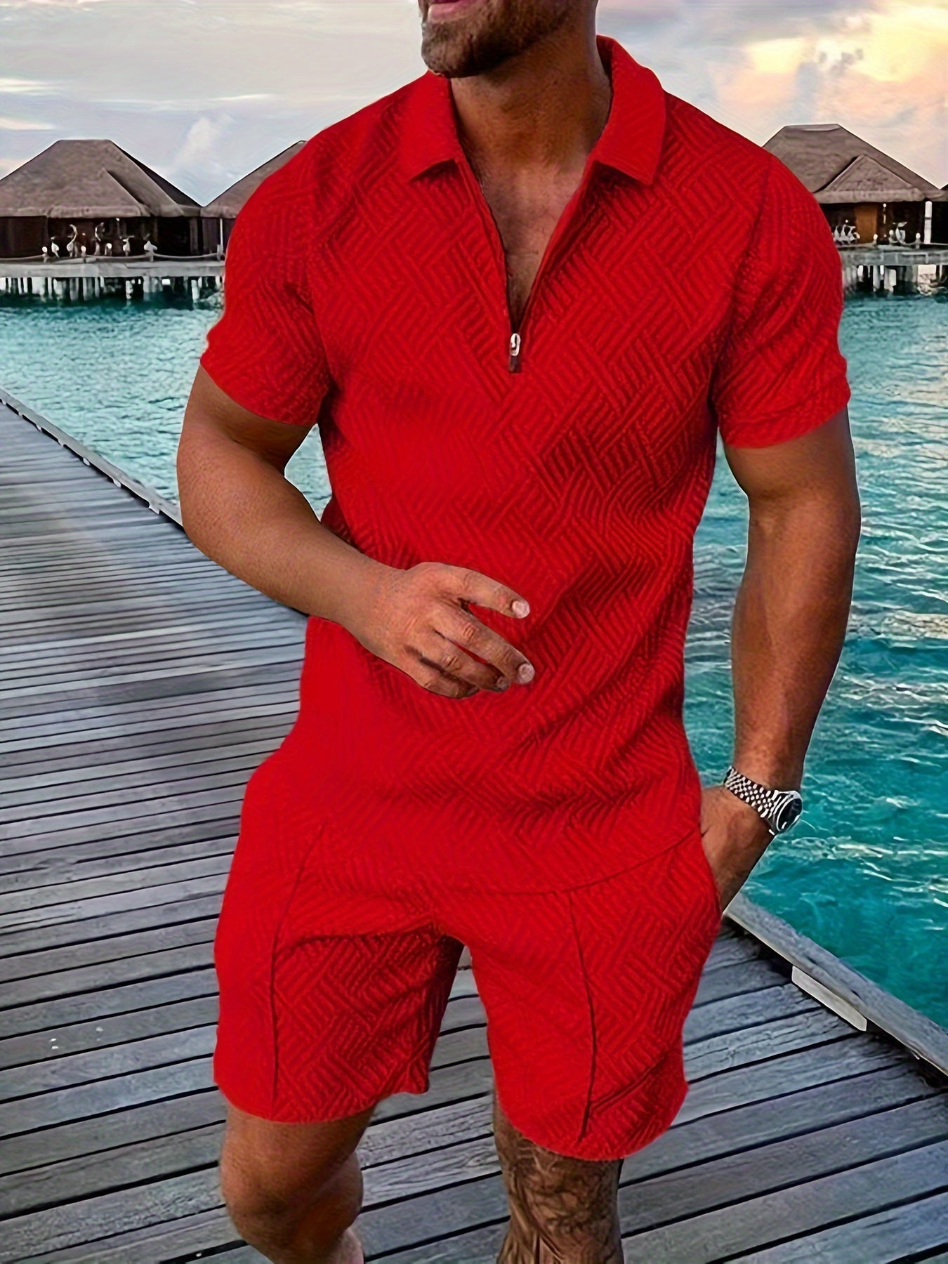 Men's short set – Relaxed fit – Zipper closure – Geometric pattern – Breathable fabric