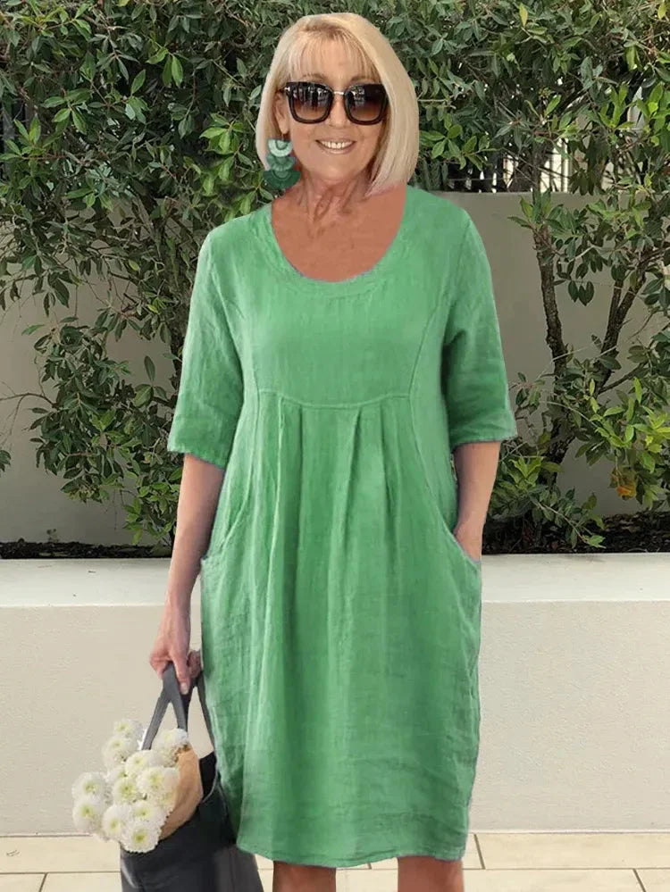 Women's midi dress – Loose fit – Natural fibers – Elbow sleeves – Round neck – Pockets