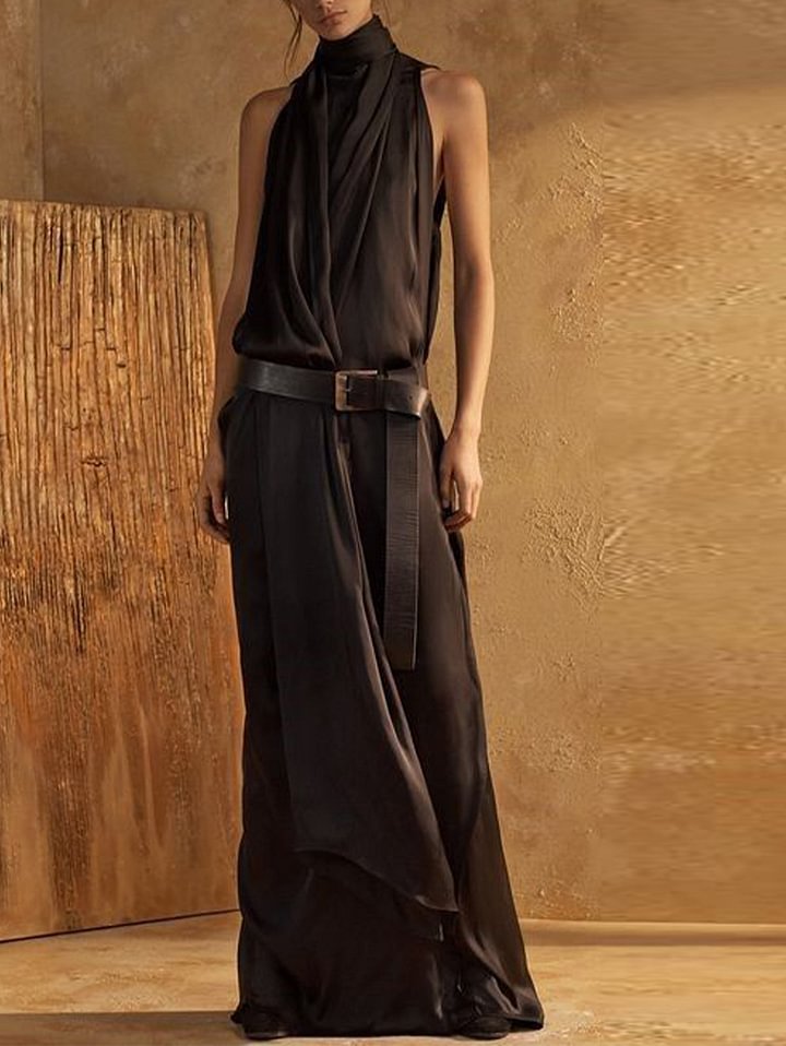 Robe maxi femme – Col montant – Sans manches – Ceinture intégrée