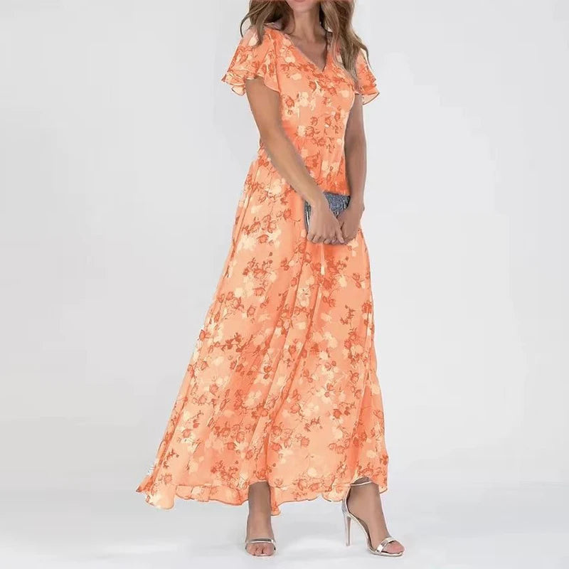 Women's midi dress – Fluid fabric – Ruffled sleeves – Elegant floral print