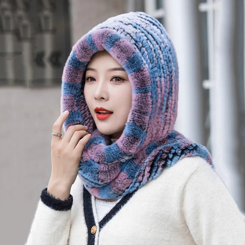 Giulia Knitted Hooded Scarf | Fuzzy Texture Solid Hooded Scarf