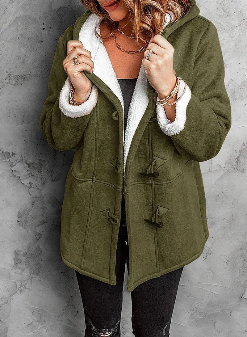Veste polaire femme – Coupe décontractée – Capuche – Boutons brandebourg – Longueur mi-cuisse