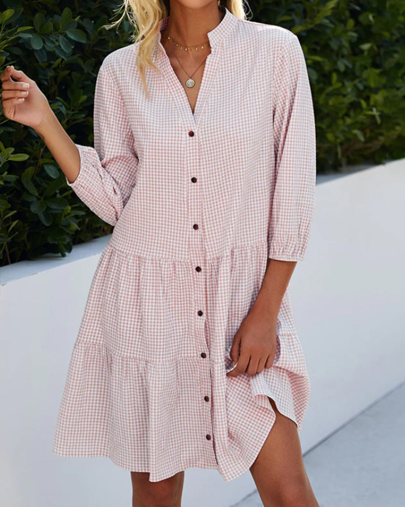 Women's A-Line Dress – Plaid Pattern – 3/4 Sleeves – Natural Fibers – Flounced Hem