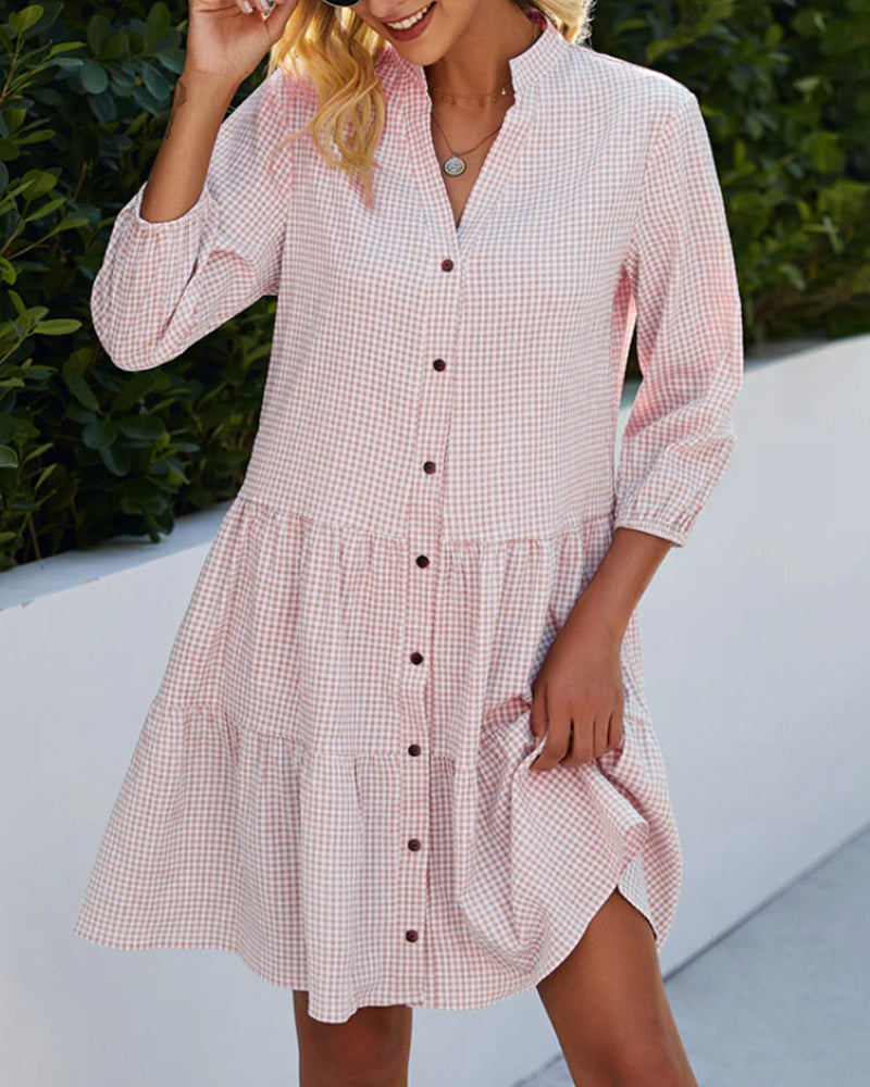 Women's A-Line Dress – Plaid Pattern – 3/4 Sleeves – Natural Fibers – Flounced Hem