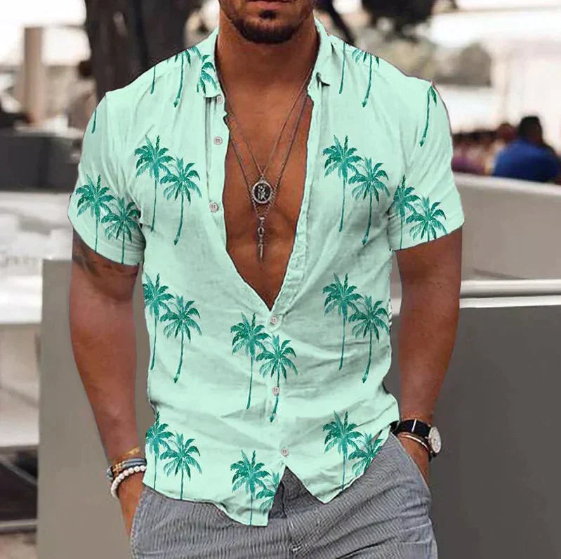 Men's short-sleeve shirt – Relaxed fit – Tropical print – Natural fibers
