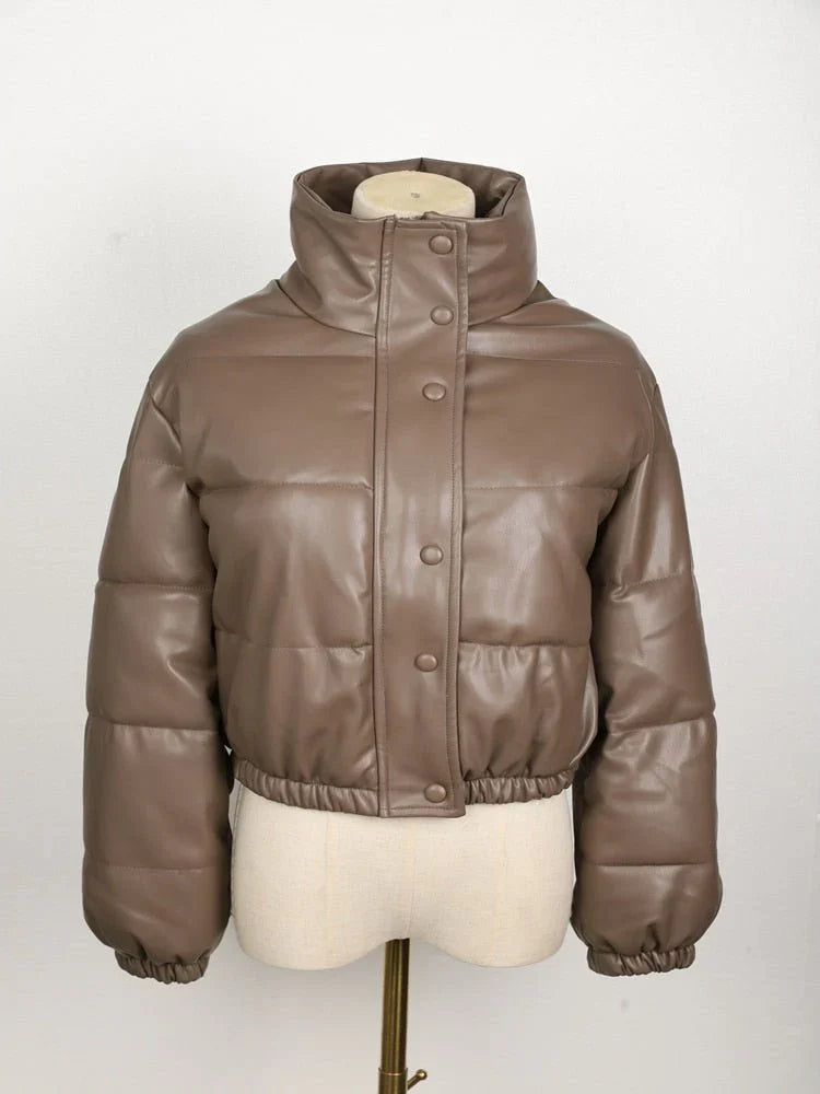 Veste matelassée femme – Effet cuir – Coupe oversize – Longueur courte – Col montant