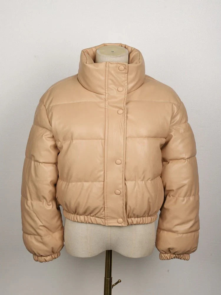 Veste matelassée femme – Effet cuir – Coupe oversize – Longueur courte – Col montant