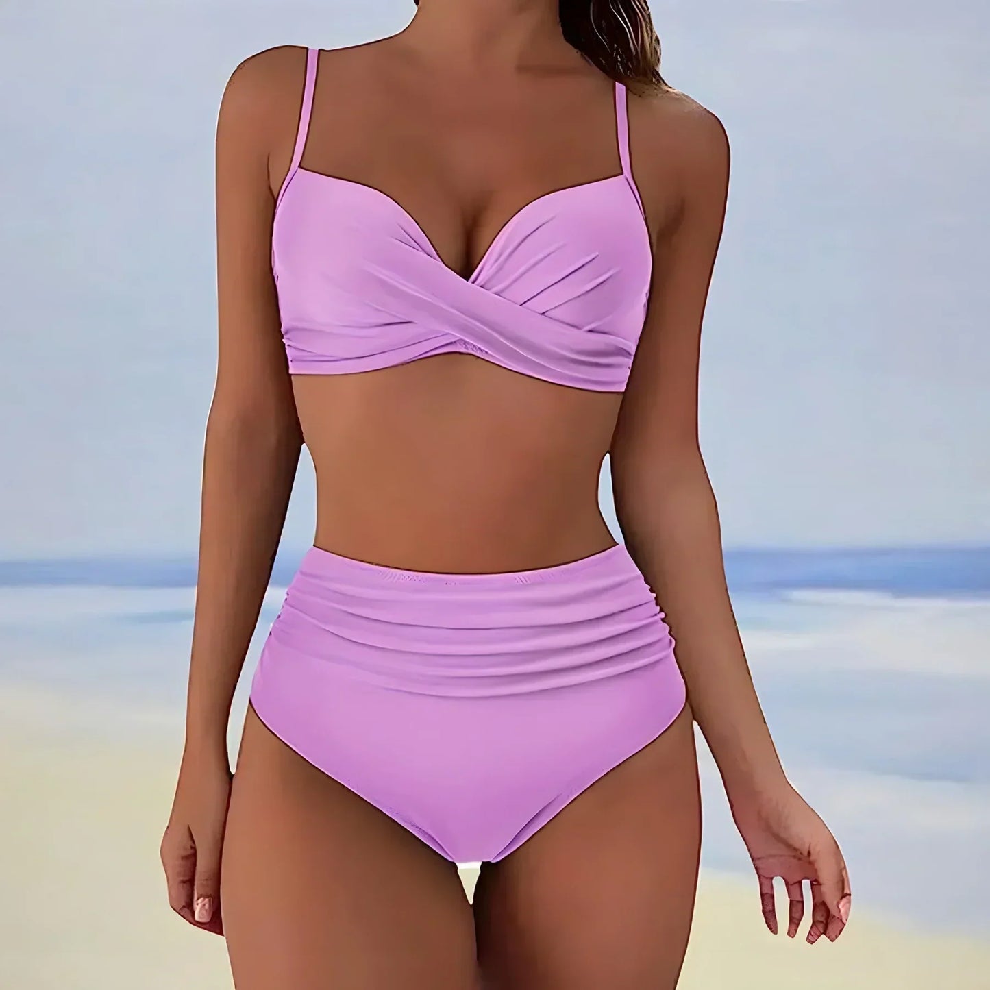 Women's two-piece swimsuit – High waist – Ruching – Support – Stretch fabric