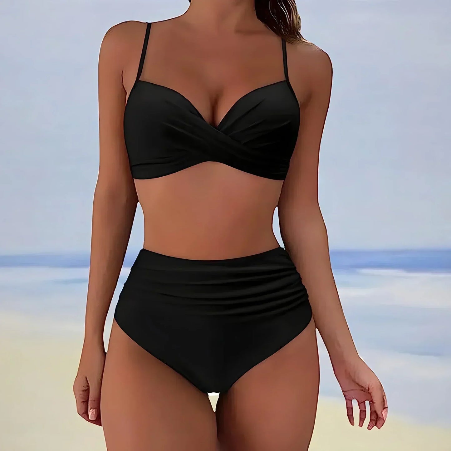 Women's two-piece swimsuit – High waist – Ruching – Support – Stretch fabric