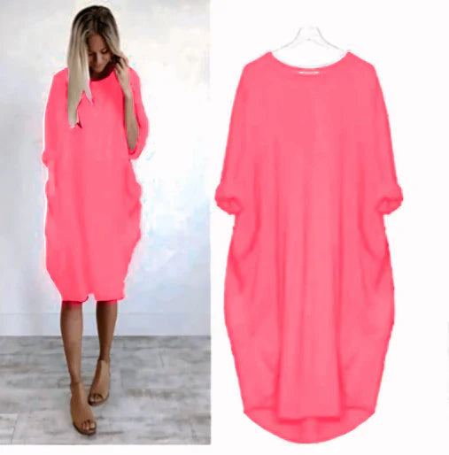 Women's Midi Dress – Loose Fit – Breathable Fabric – Round Neck – Side Pockets