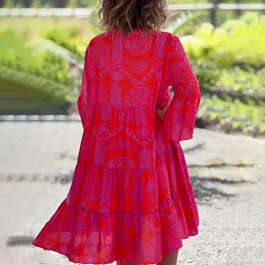 Women's Midi Dress – Loose Fit – Breathable Fabric – Three-Quarter Sleeves – V Neck