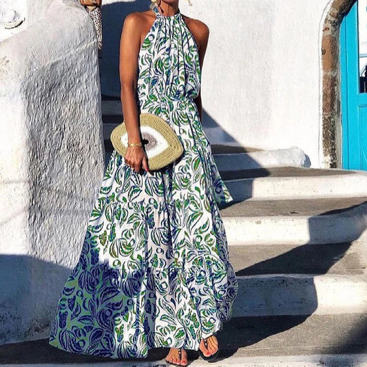 Women's maxi dress – Halter neck – Floral print – Flowy ruffled skirt – Cotton fabric