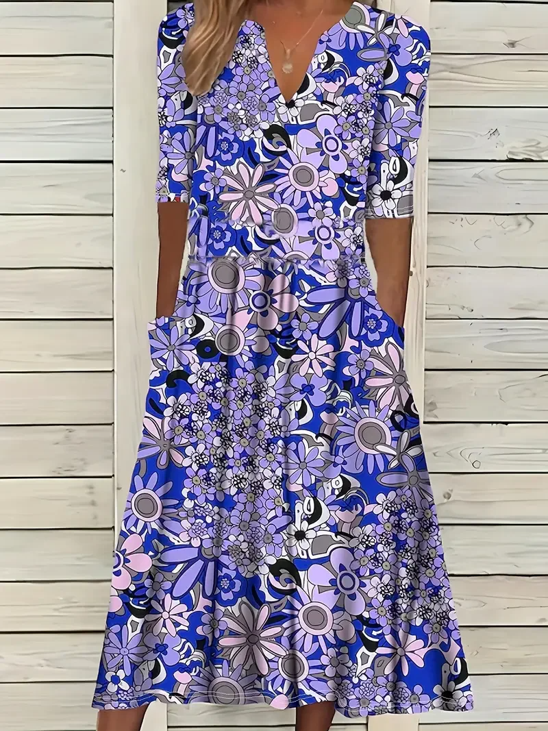 Women's long dress – Flared cut – V-neck – Short sleeves – Floral print – Breathable fabric