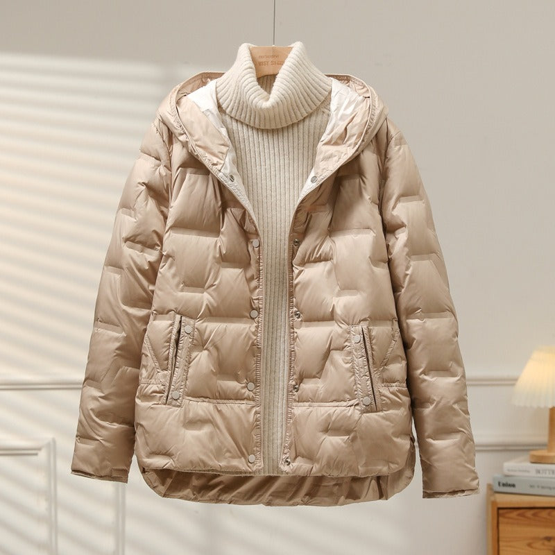 Women's Down Jacket - Woven Fabric - Relaxed Fit - Attached Hood