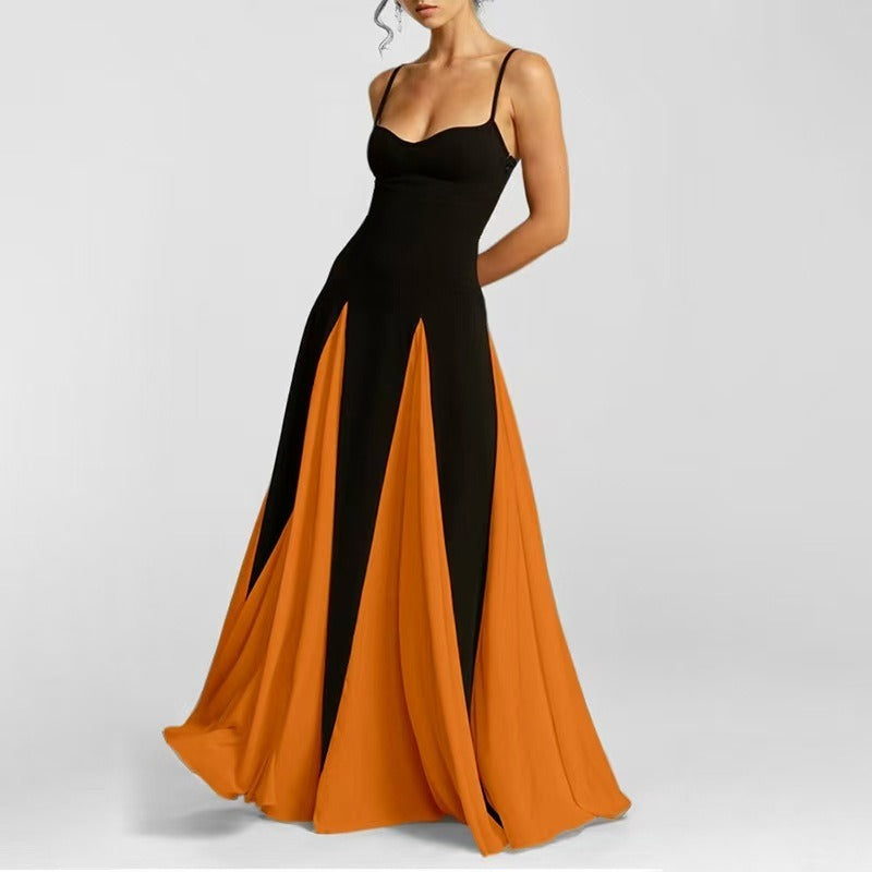 Robe swing femme – Bretelles fines – Longue fluide – Pan coupé contrasté