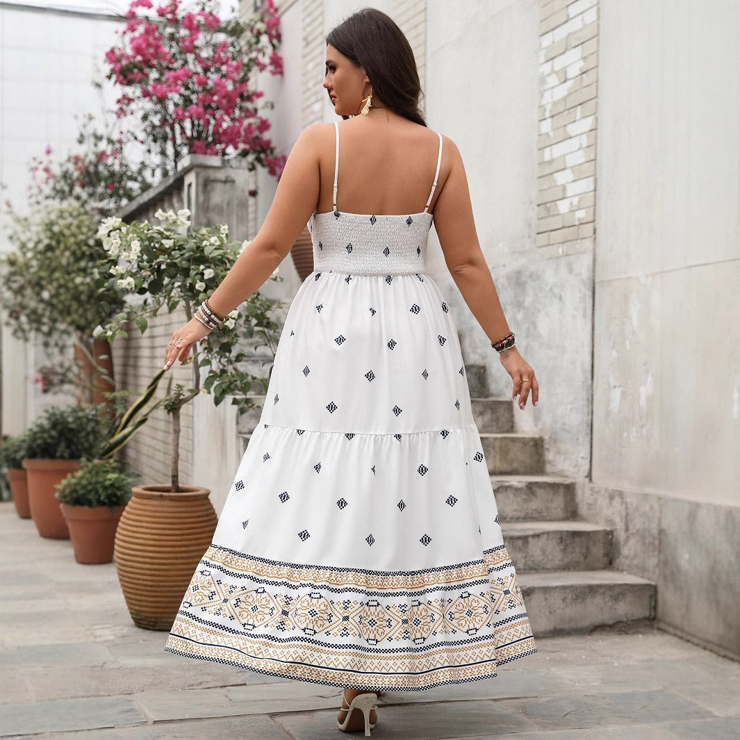 Women's long dress – V-neck – Sleeveless – Smocked waist – Geometric print