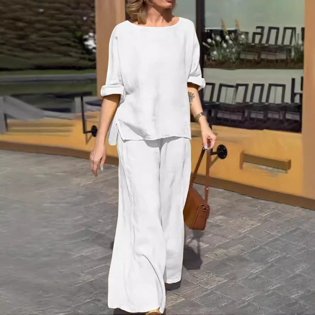 Ensemble Deux Pièces Femme – Linnen Coton – Coupe Ample – Top Manches Courtes – Pantalon Large