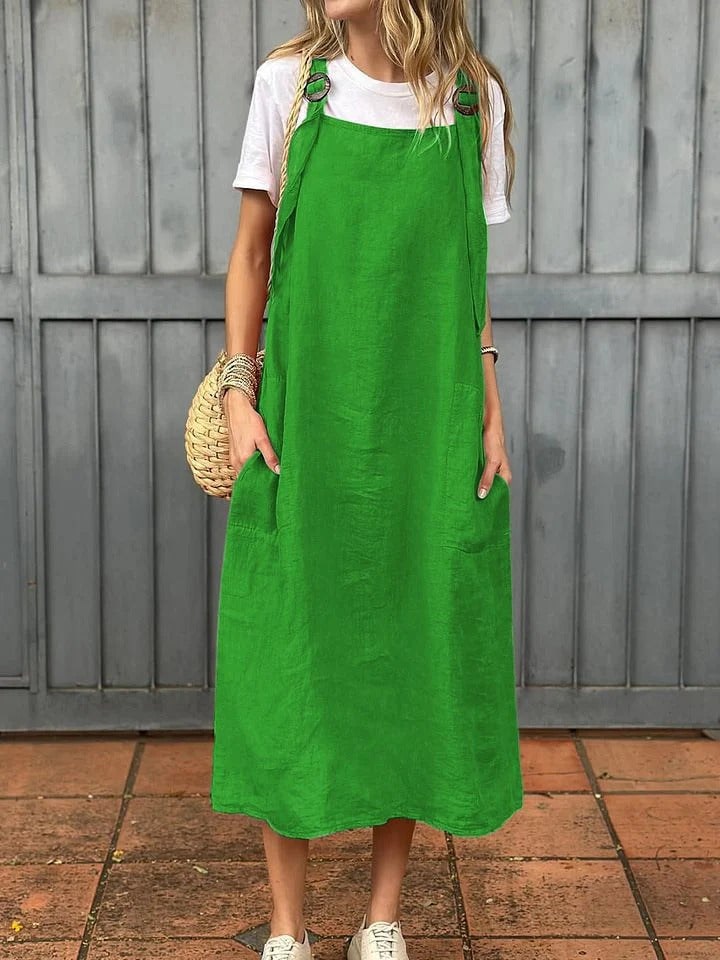 Women's midi dress – Breathable linen – Straight cut – Adjustable straps – Front pockets