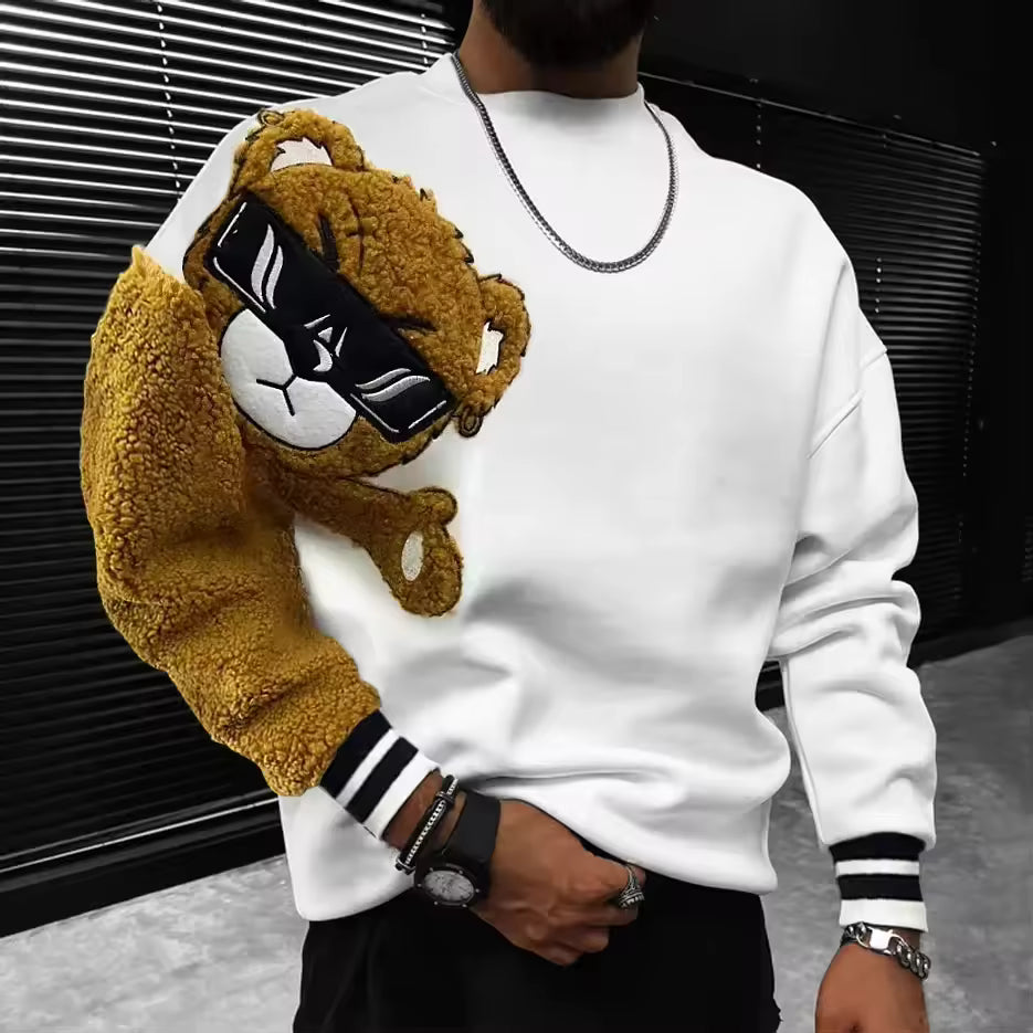 Sweatshirt homme – Coupe décontractée – Coton – Motif ours brodé – Manches texturées