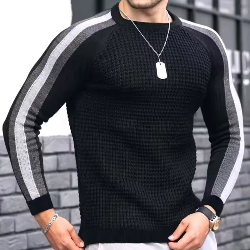 Pull homme – Coupe slim – Maille texturée – Laine mélangée – Détail rayé manches
