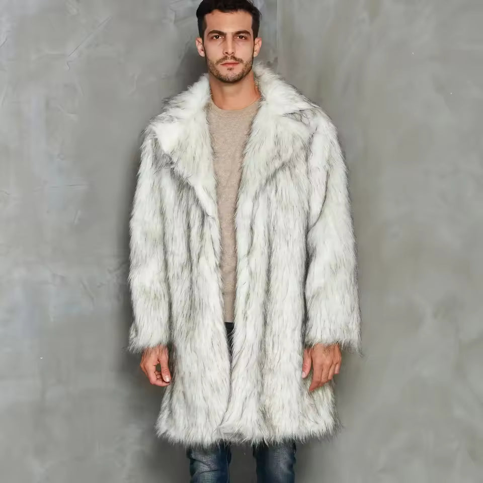 Manteau long homme – Fausse fourrure – Coupe oversize – Revers crantés – Ouvert devant