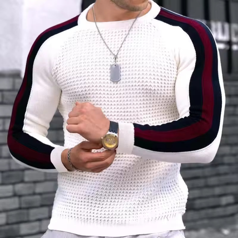 Pull homme – Coupe slim – Maille texturée – Laine mélangée – Détail rayé manches