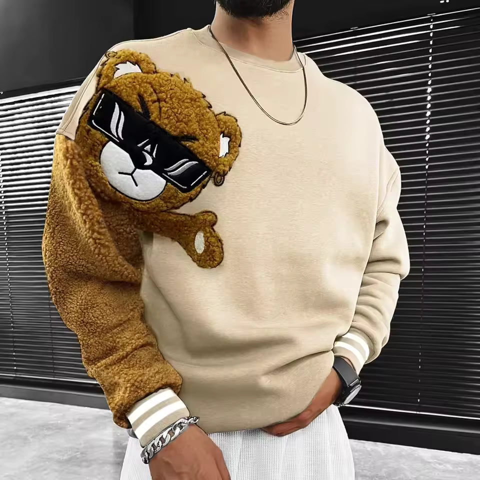 Sweatshirt homme – Coupe décontractée – Coton – Motif ours brodé – Manches texturées