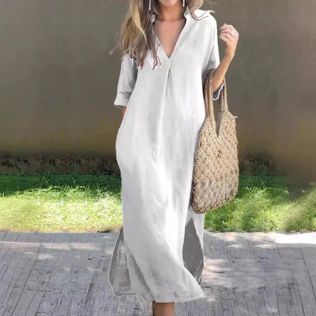 Women's long dress – Loose fit – Lightweight cotton – V-neck – Mid-length sleeves